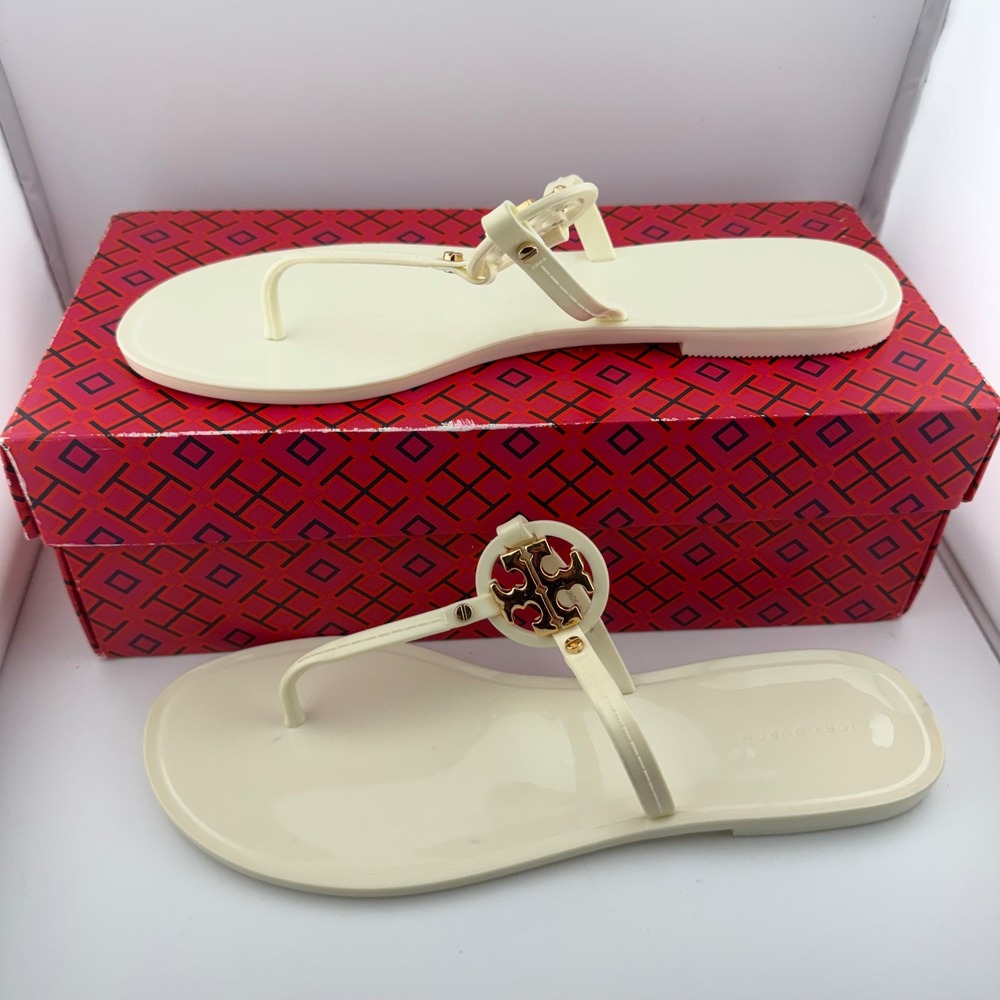 Tory Burch Mini Miller Jelly Thong Sandals Womens 9 Cream Ivory Gold Logo Flat